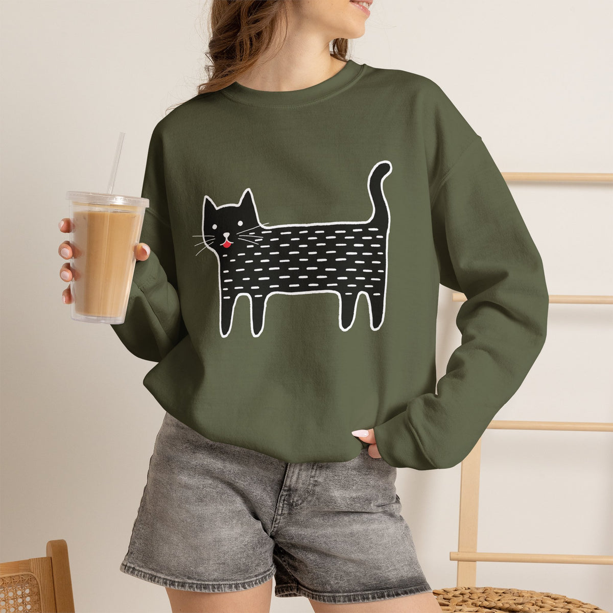 Cute Black Cat unisex Sweatshirt – Whimsical Doodle Cat Graphic