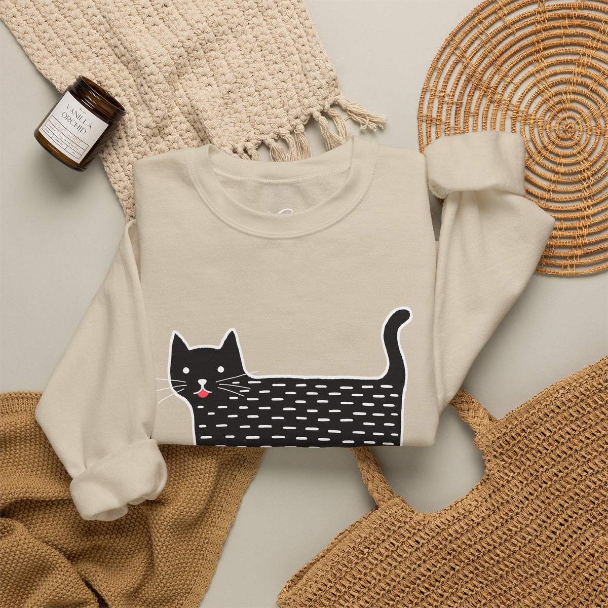 Cute Black Cat unisex Sweatshirt – Whimsical Doodle Cat Graphic