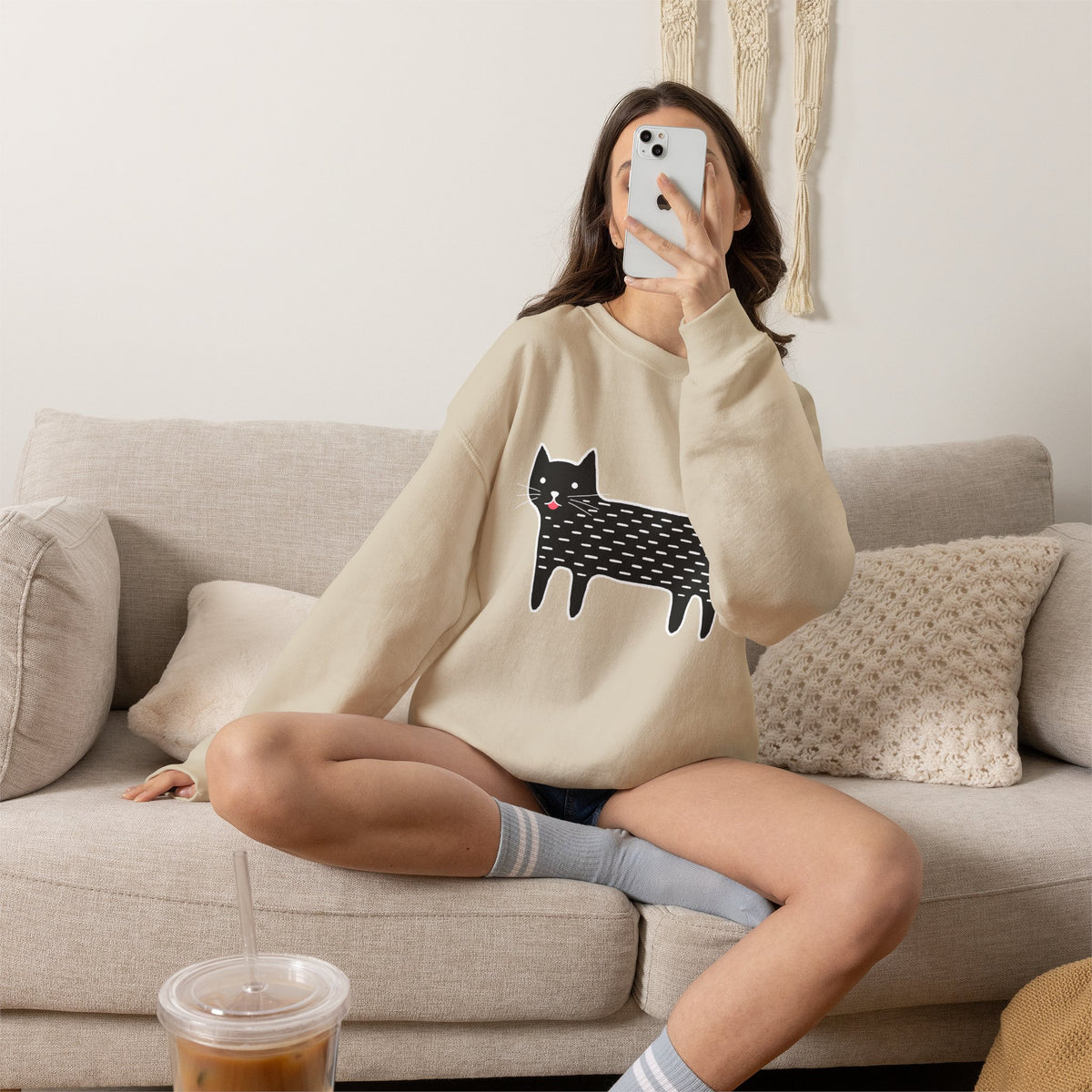Cute Black Cat unisex Sweatshirt – Whimsical Doodle Cat Graphic