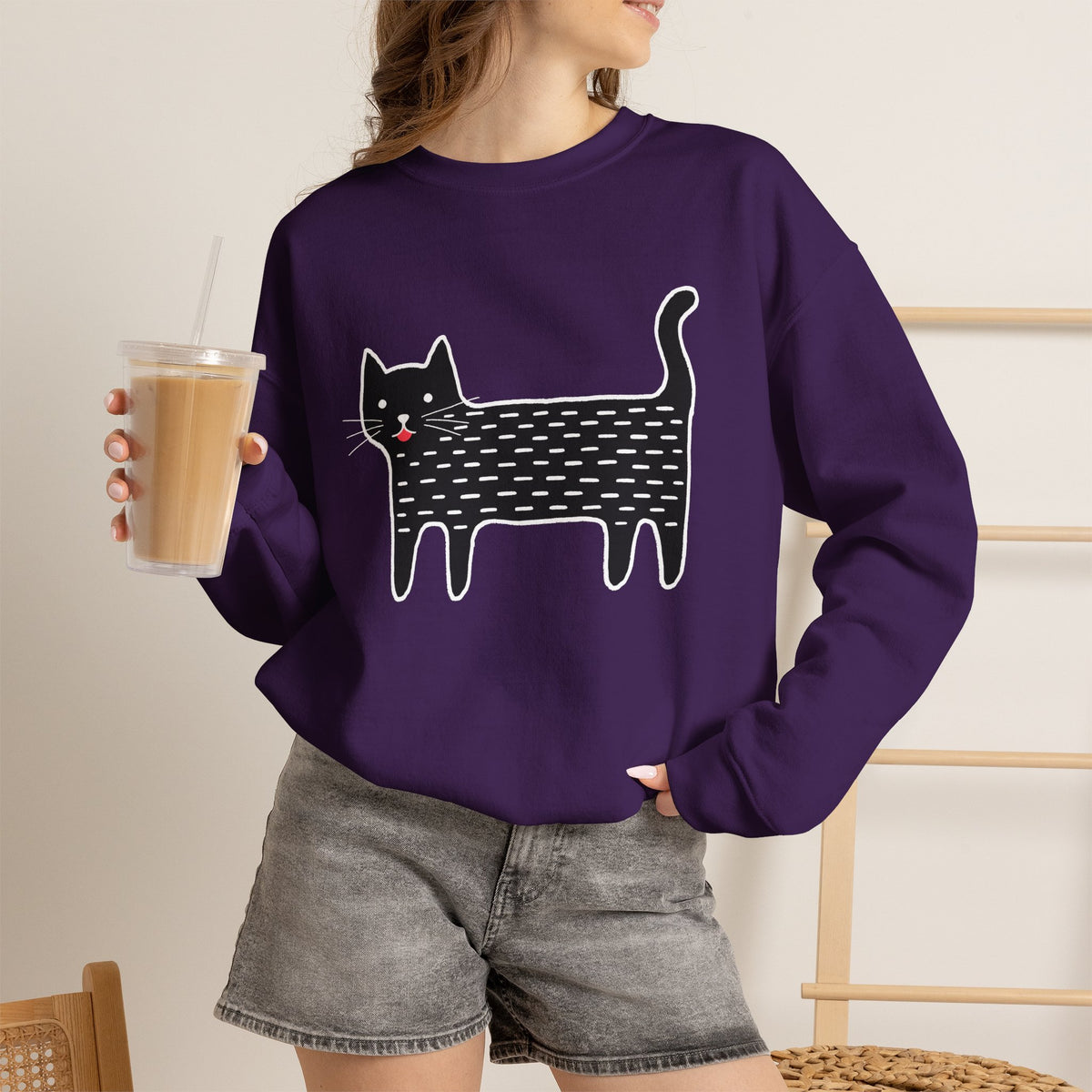 Cute Black Cat unisex Sweatshirt – Whimsical Doodle Cat Graphic