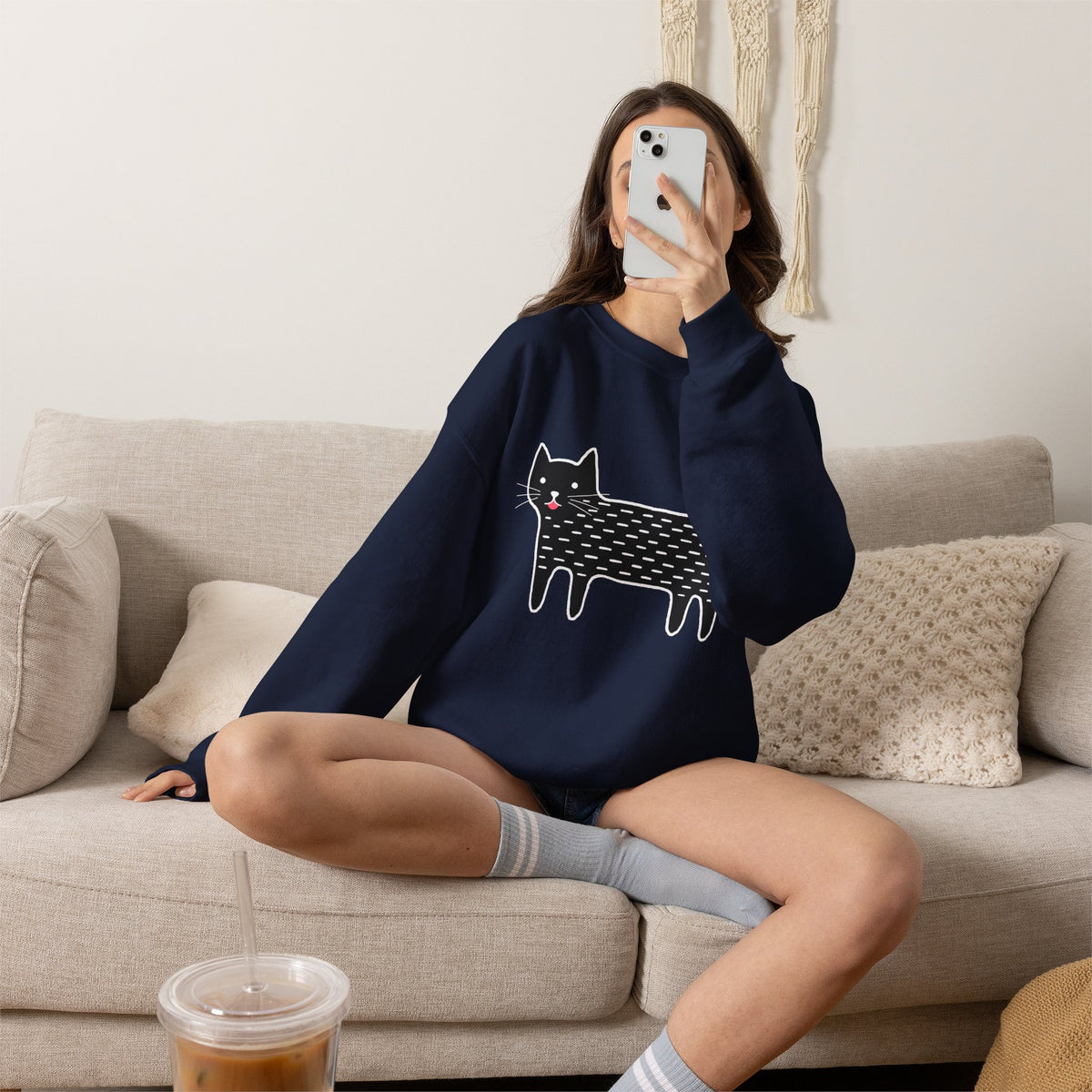 Cute Black Cat unisex Sweatshirt – Whimsical Doodle Cat Graphic
