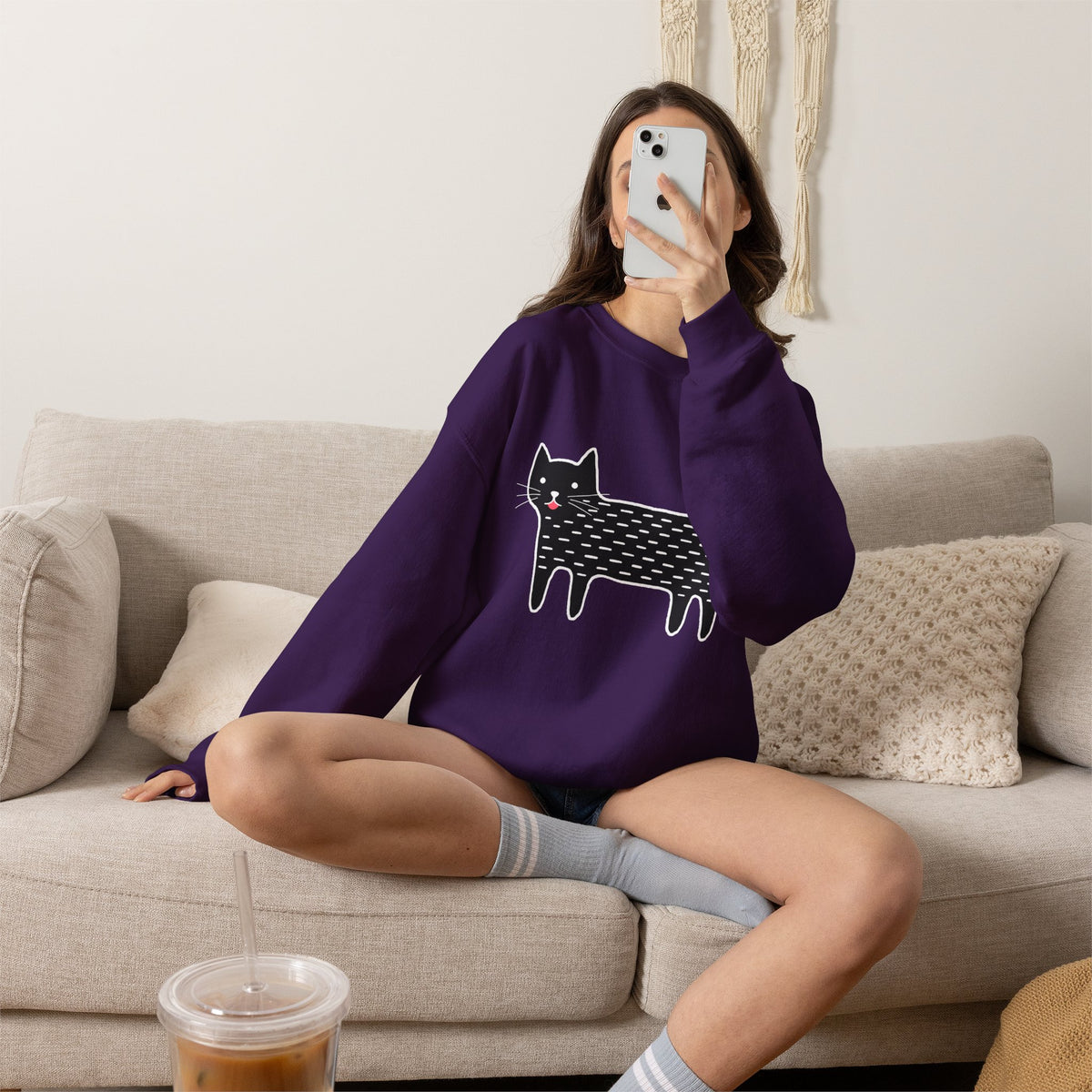 Cute Black Cat unisex Sweatshirt – Whimsical Doodle Cat Graphic