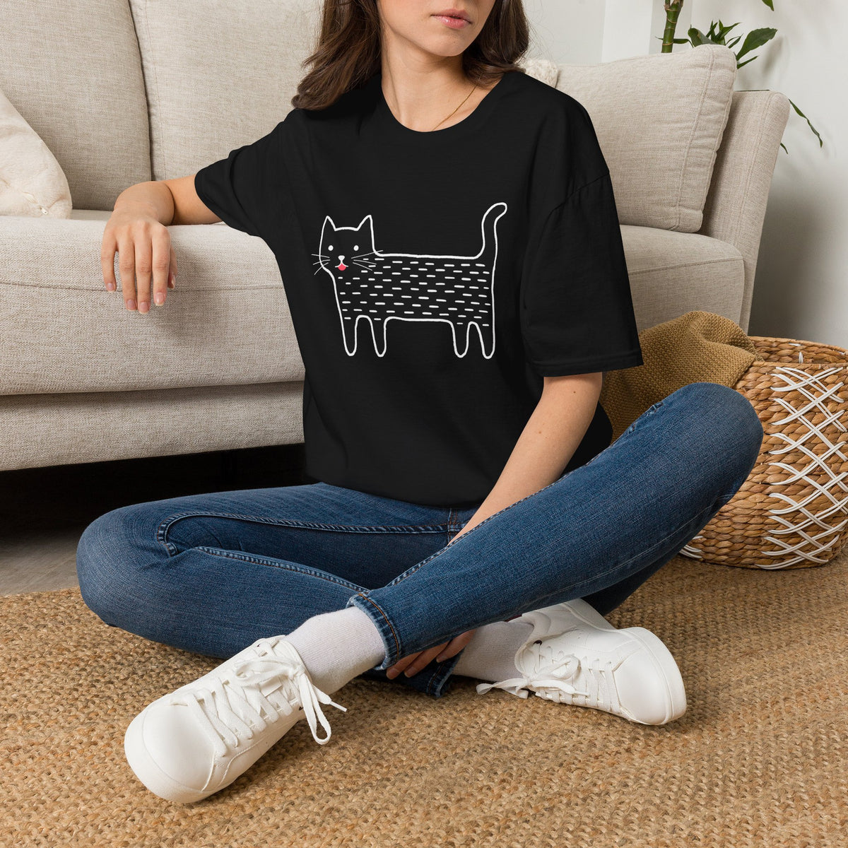 Unisex Cute Doodle Cat T-Shirt — Whimsical Black Cat Graphic Tee