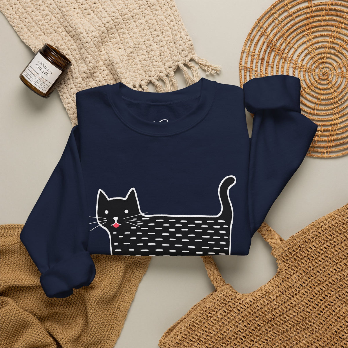 Cute Black Cat unisex Sweatshirt – Whimsical Doodle Cat Graphic