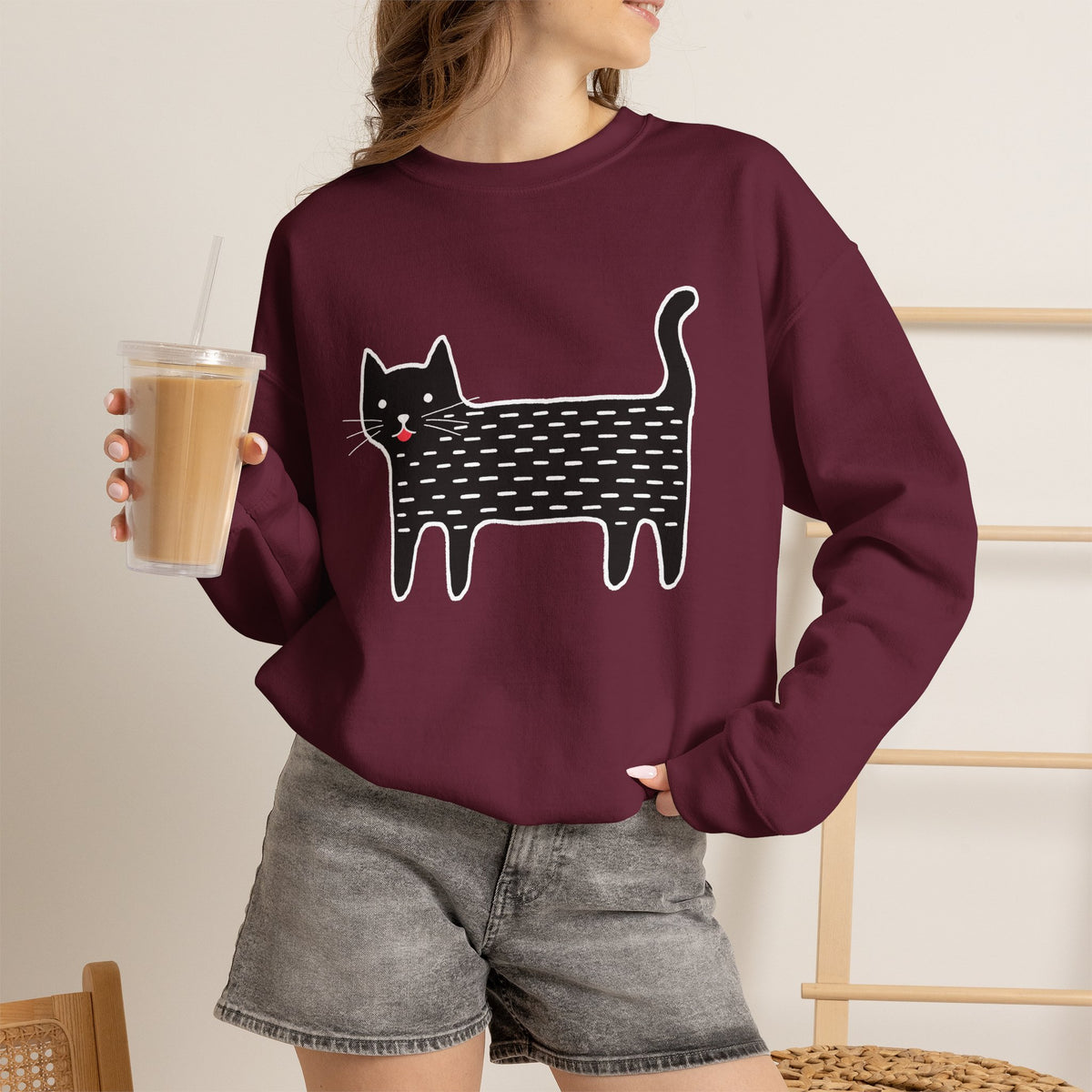 Cute Black Cat unisex Sweatshirt – Whimsical Doodle Cat Graphic