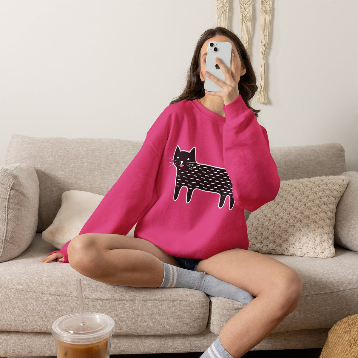 Cute Black Cat unisex Sweatshirt – Whimsical Doodle Cat Graphic