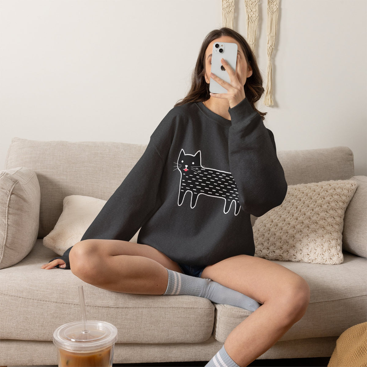 Cute Black Cat unisex Sweatshirt – Whimsical Doodle Cat Graphic