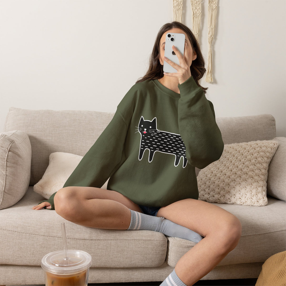 Cute Black Cat unisex Sweatshirt – Whimsical Doodle Cat Graphic