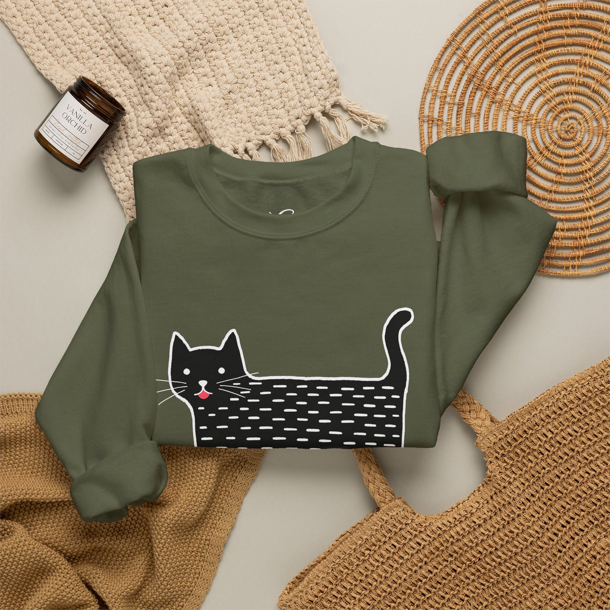 Cute Black Cat unisex Sweatshirt – Whimsical Doodle Cat Graphic