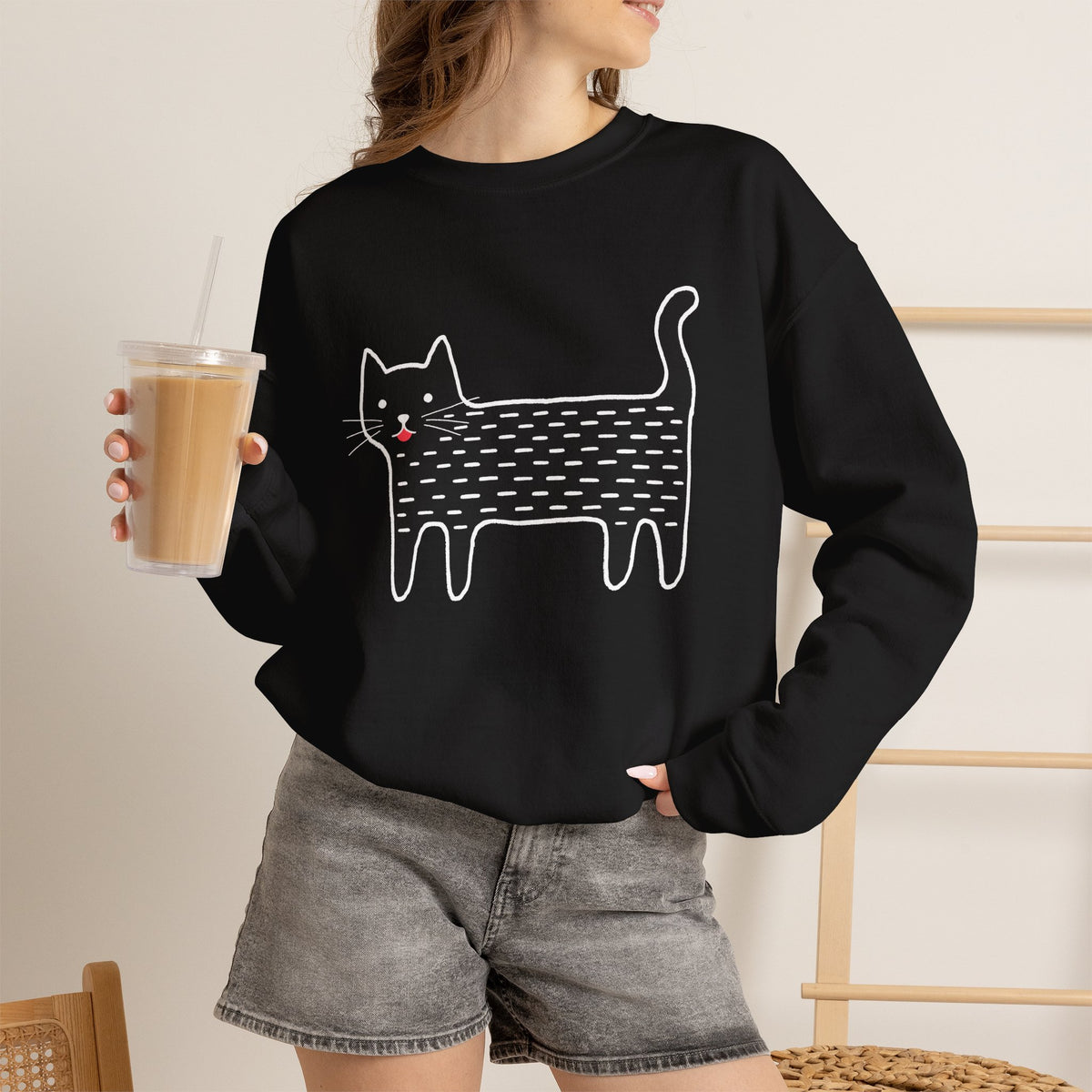 Cute Black Cat unisex Sweatshirt – Whimsical Doodle Cat Graphic