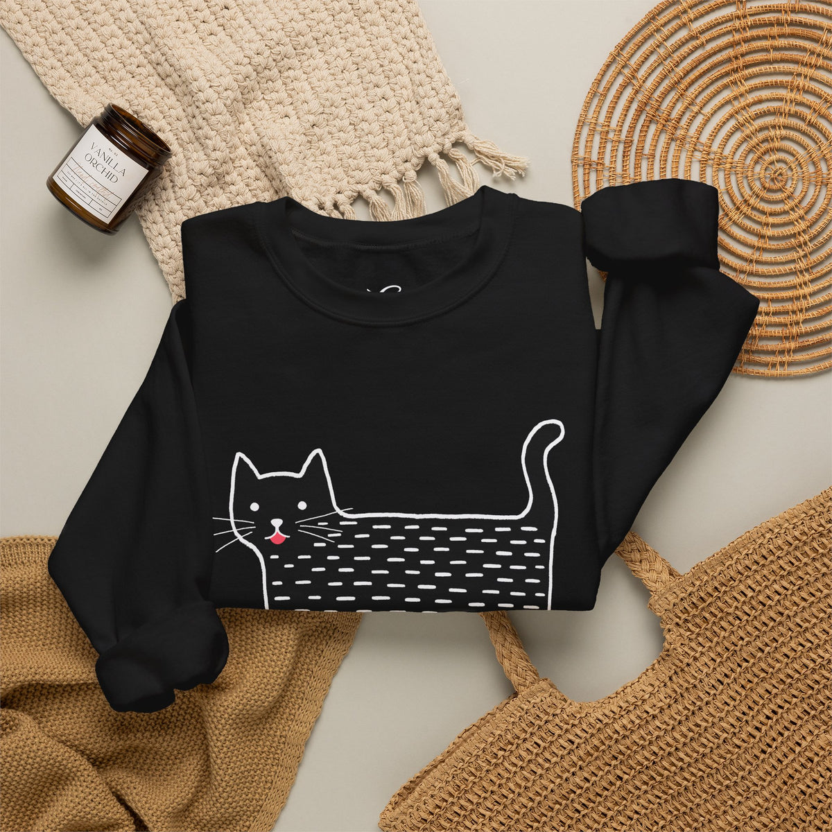 Cute Black Cat unisex Sweatshirt – Whimsical Doodle Cat Graphic
