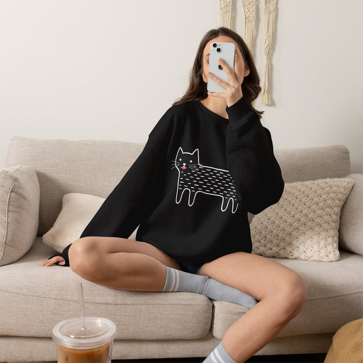Cute Black Cat unisex Sweatshirt – Whimsical Doodle Cat Graphic