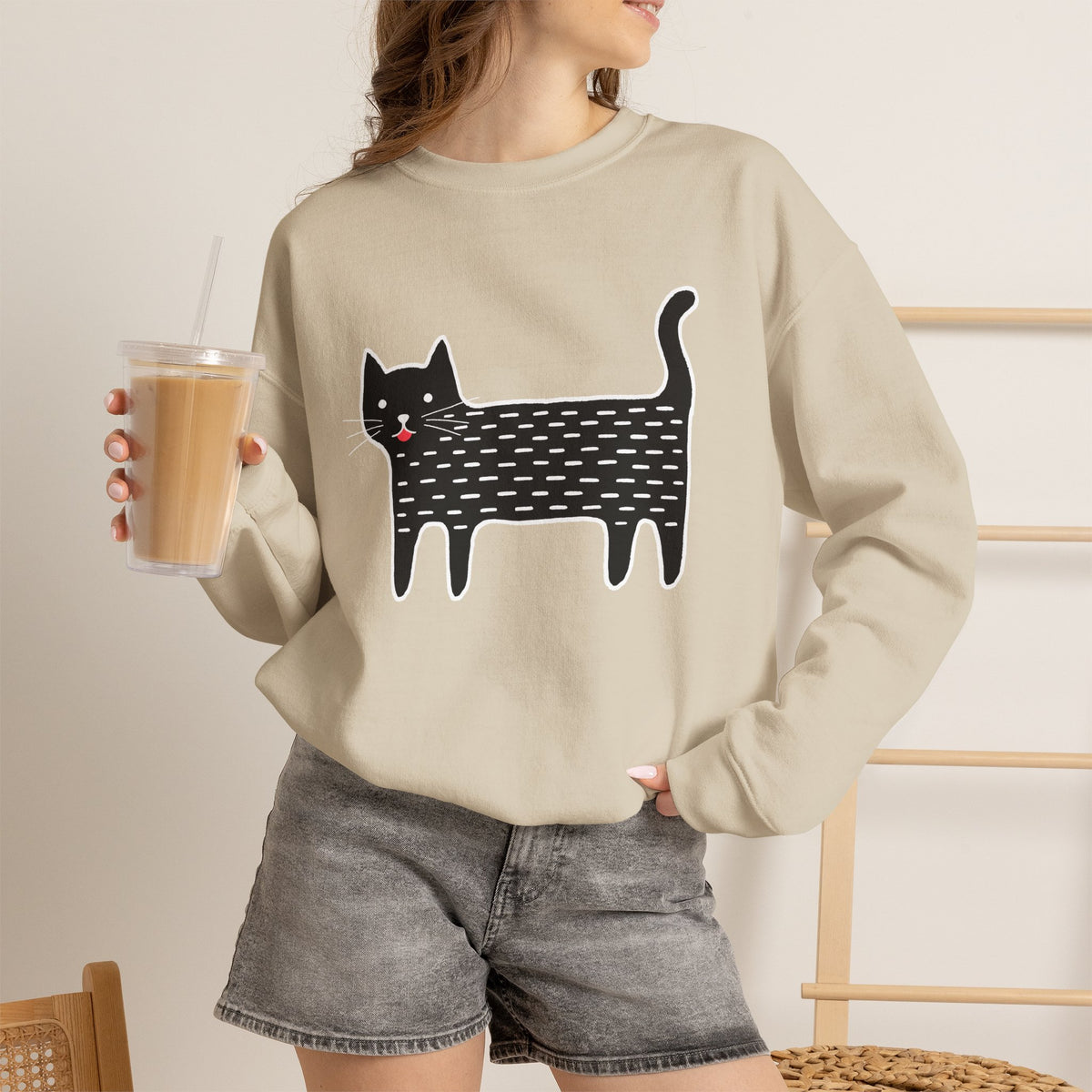 Cute Black Cat unisex Sweatshirt – Whimsical Doodle Cat Graphic